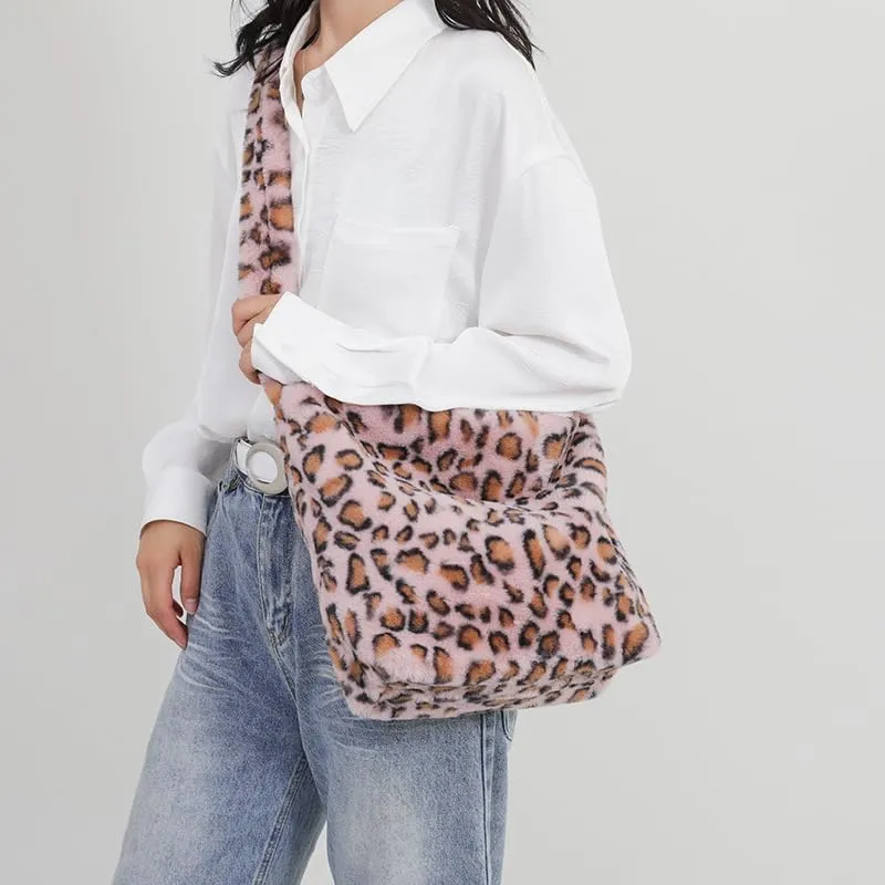 y2k Cheetah Handbags for Women, Cute Hobo Bag Shoulder Bag Aesthetic Grunge Fuzzy Sling Purse Leopard Print Purse (Pink leopard)