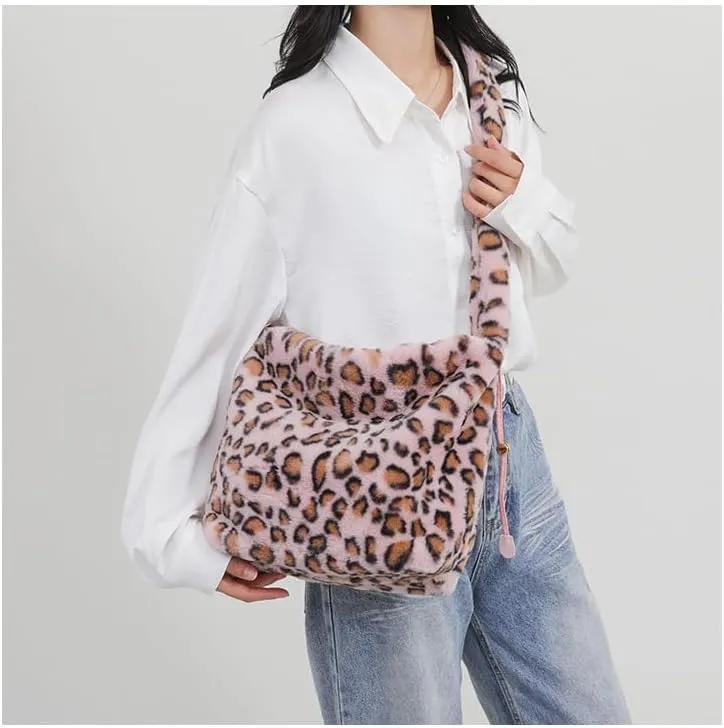 y2k Cheetah Handbags for Women, Cute Hobo Bag Shoulder Bag Aesthetic Grunge Fuzzy Sling Purse Leopard Print Purse (Pink leopard)