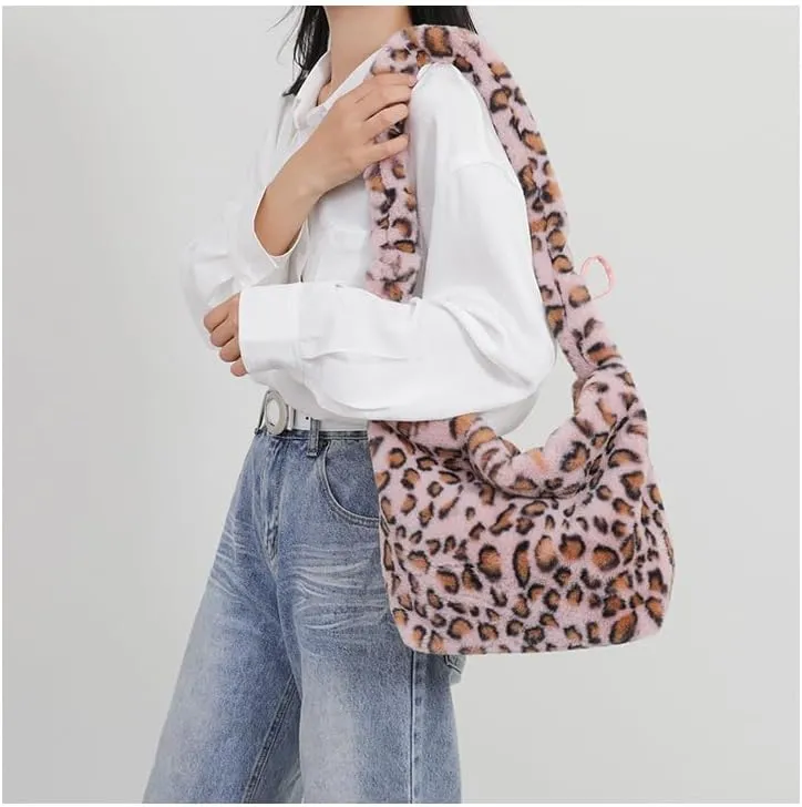 y2k Cheetah Handbags for Women, Cute Hobo Bag Shoulder Bag Aesthetic Grunge Fuzzy Sling Purse Leopard Print Purse (Pink leopard)