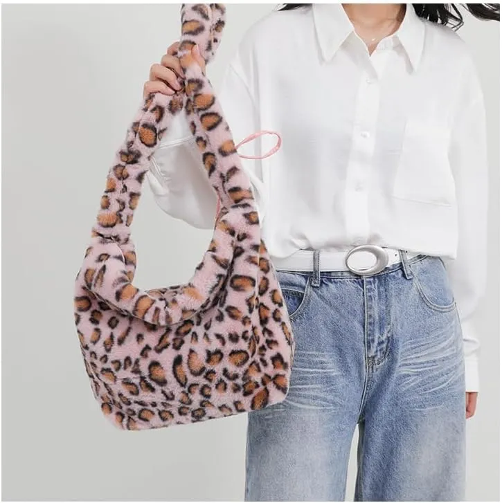 y2k Cheetah Handbags for Women, Cute Hobo Bag Shoulder Bag Aesthetic Grunge Fuzzy Sling Purse Leopard Print Purse (Pink leopard)