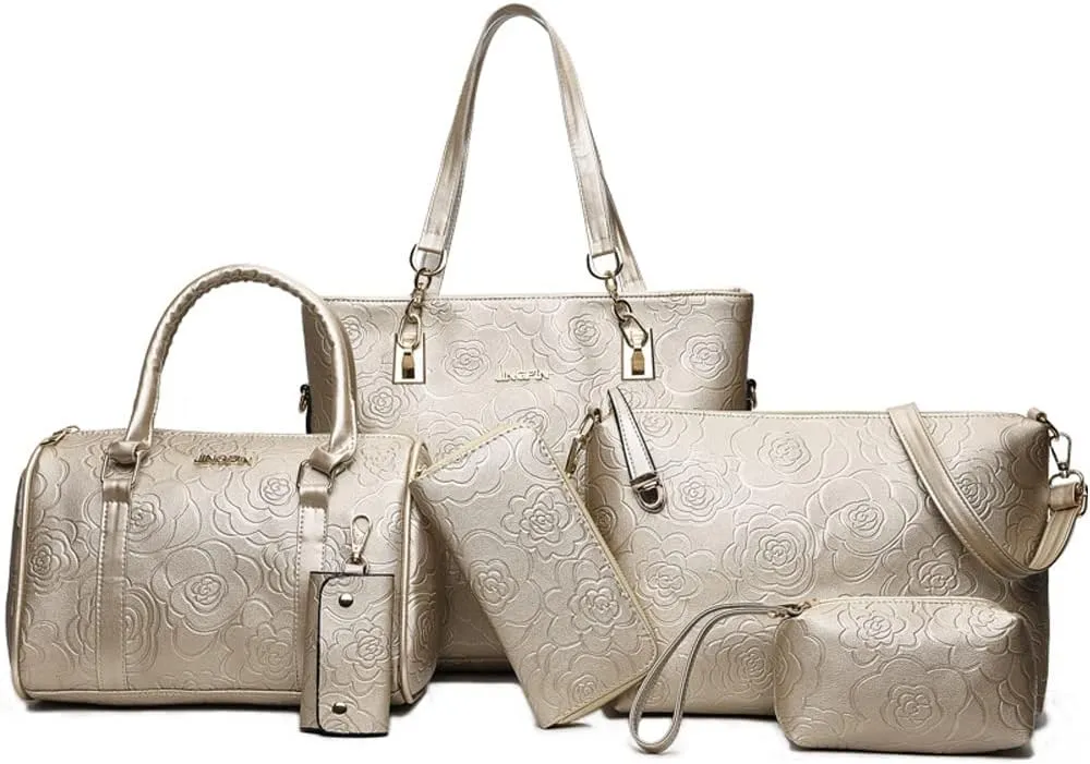 ZiMing Women Handbags Set 6Pcs Floral Print Leather Purses Tote Bags Top Handle Handbag Satchel Shoulder Crossbody Bag Wallet